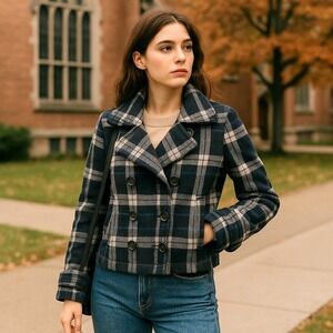 Vintage Y2K Abercrombie &‎ Fitch Women's Small Plaid Wool Short Peacoat Jacket